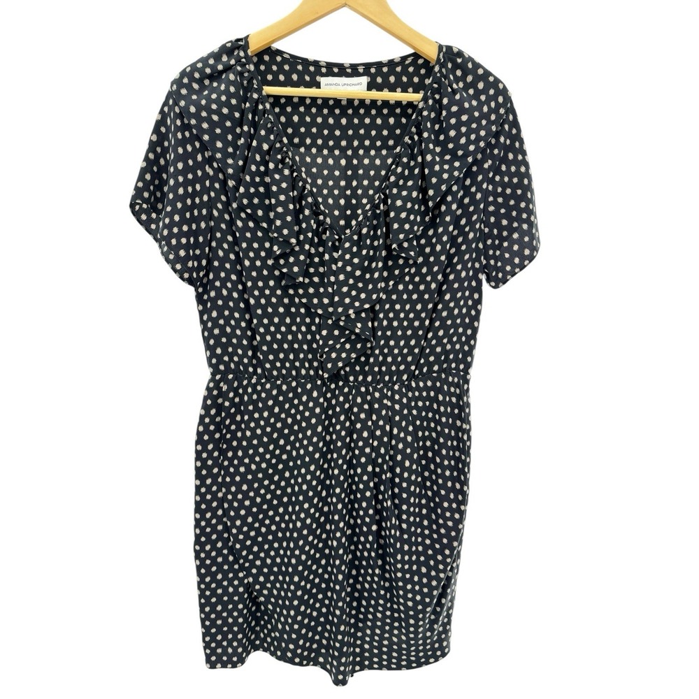 Amanda Uprichard 100% Silk Ruffle Mini Dress L Black White Polka Dot USA